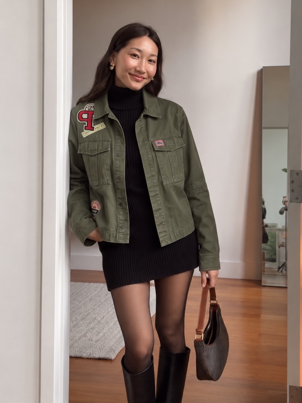 Vintage Cropped Olive Green Patch Utility Jacket | Fits S